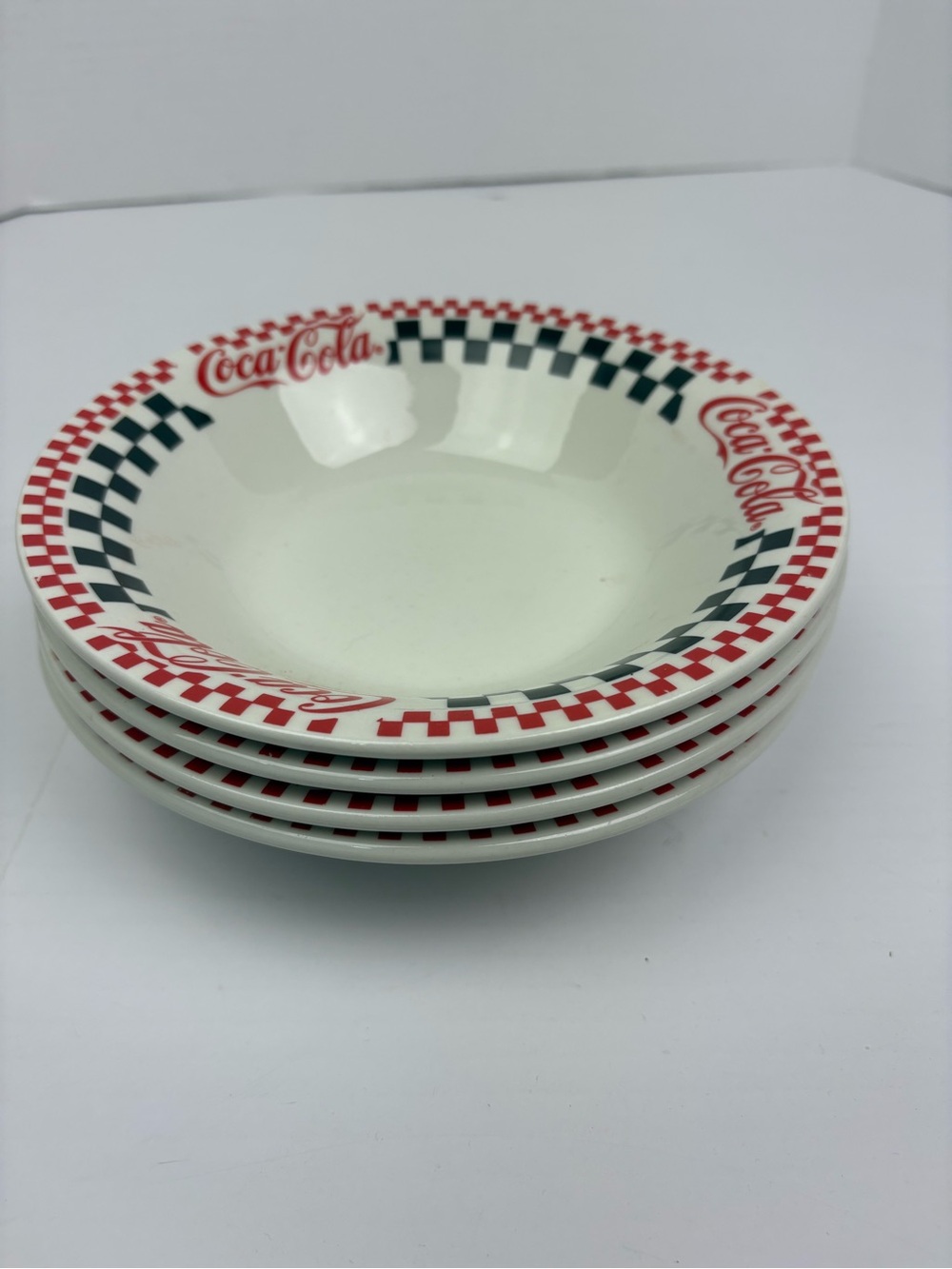 Vintage Gibson Coca Cola Soup Bowls 1997 Dinnerware Red Black Checkered Racing